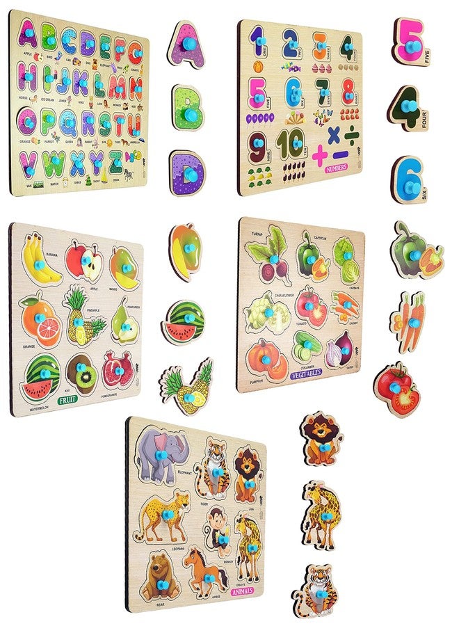 APPSTER Jumbo Size Animal, Fruits, Vegetables, ABCD & Numbers Wooden Puzzle Toy for Kids Jigsaw Puzzles for Adults Baby Learning Educational Toys Board Game - Pack of 5pcs - Image 1